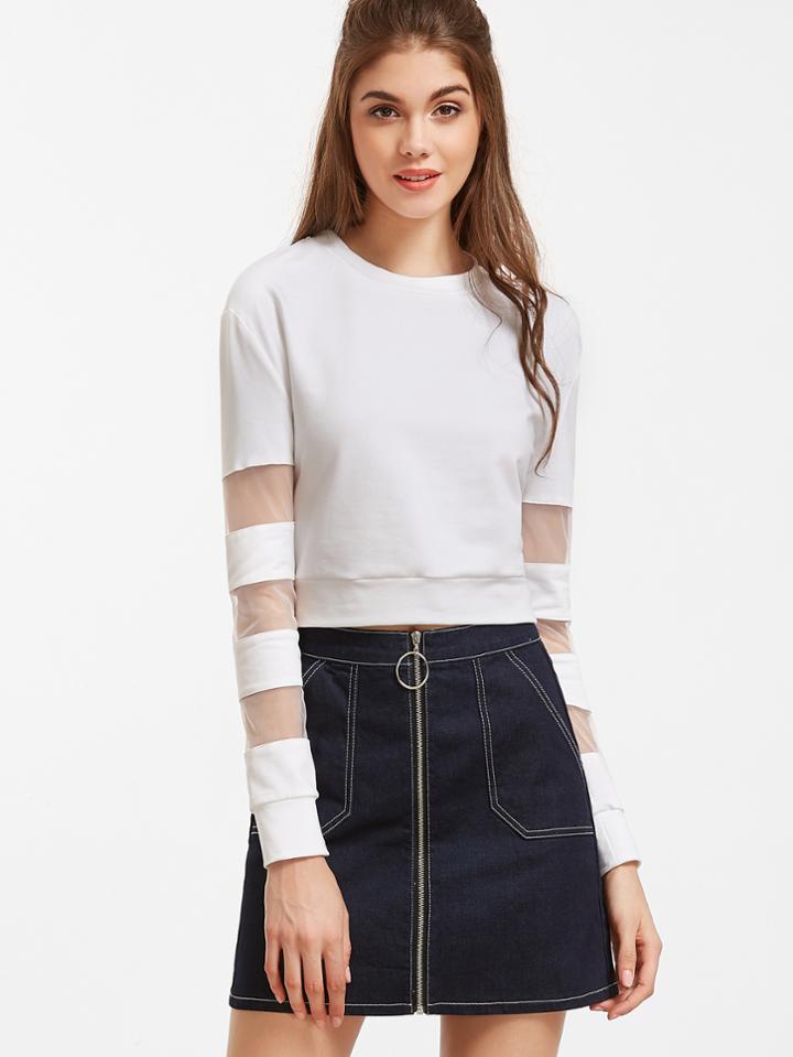 Romwe White Striped Mesh Sleeve Crop Sweatshirt