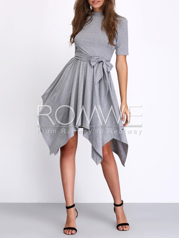 Romwe Grey Self-tie Waist Asymmetric Hem Shift Dress