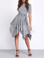Romwe Grey Self-tie Waist Asymmetric Hem Shift Dress