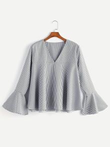 Romwe V Neckline Fluted Sleeve Gingham Top
