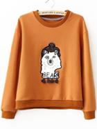 Romwe Round Neck Bear Embroidered Khaki Sweatshirt