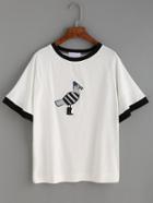 Romwe White Bird Embroidered Contrast Trim Raglan Sleeve T-shirt