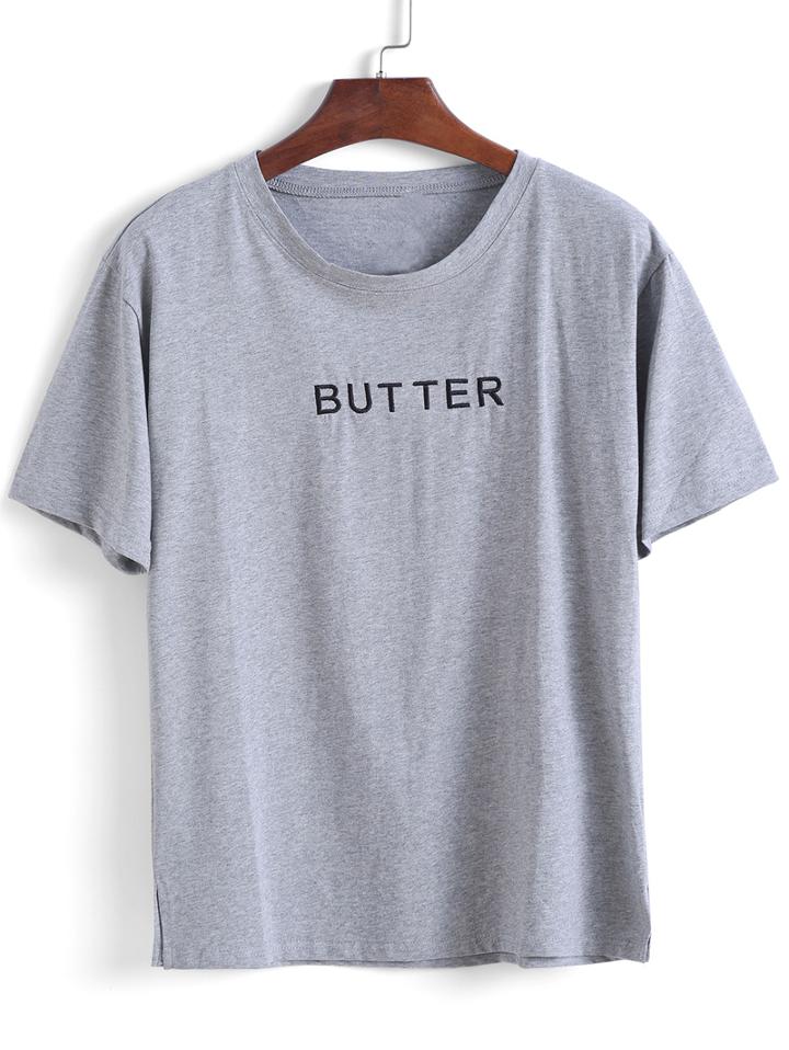 Romwe Letters Print Loose Grey T-shirt