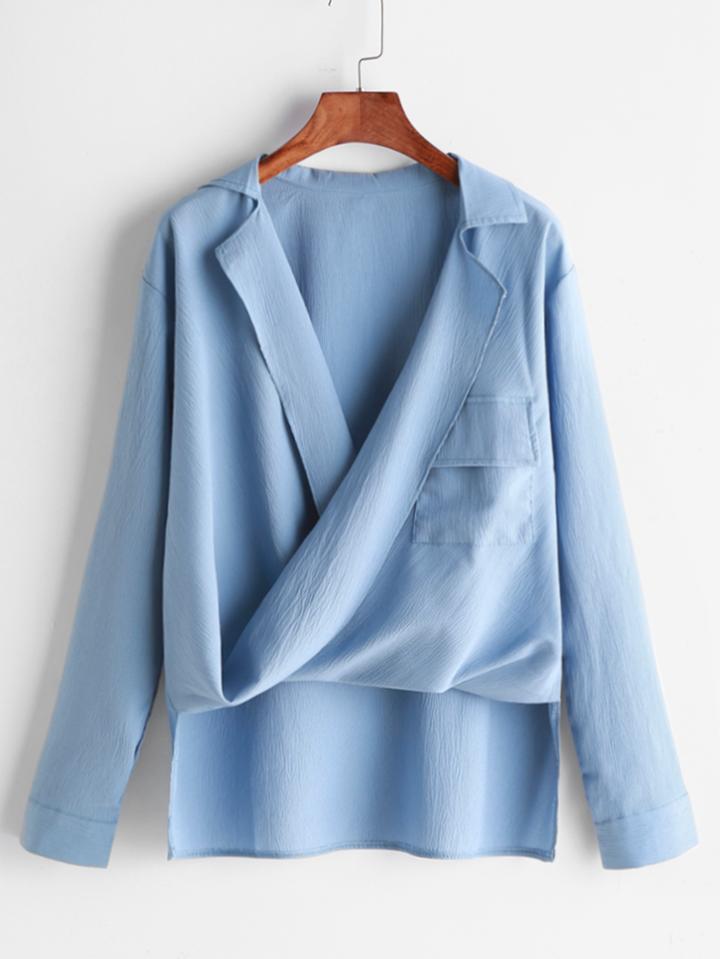 Romwe Blue Drape Front High Low Chiffon Blouse