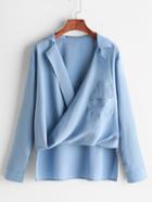 Romwe Blue Drape Front High Low Chiffon Blouse