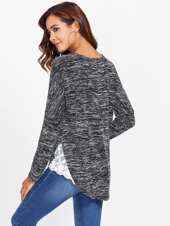Romwe Floral Lace Insert Curved Hem Space Dye Tee