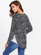 Romwe Floral Lace Insert Curved Hem Space Dye Tee