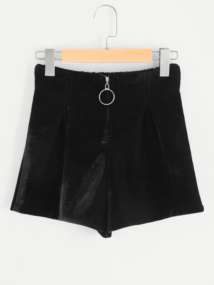 Romwe Elastic Waist Ring Zipper Shorts