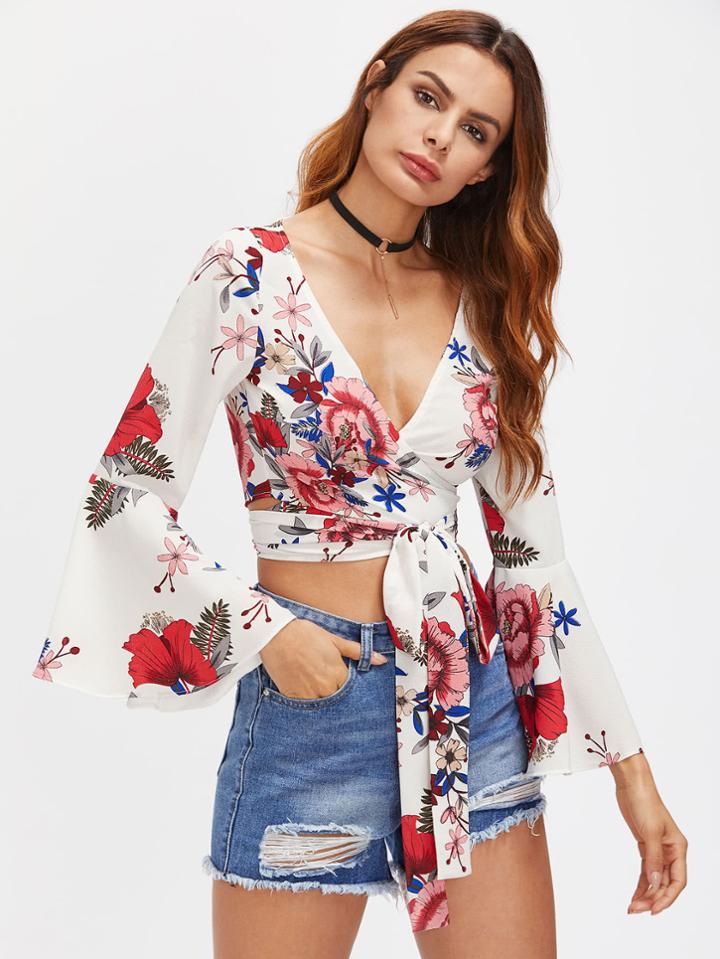 Romwe Random Florals Fluted Sleeve Tie Detail Wrap Top