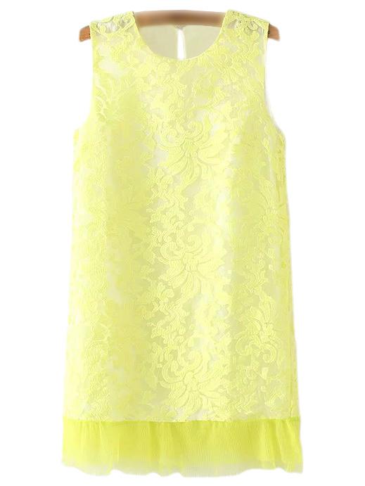 Romwe Yellow Sleeveless Keyhole Back Lace Dress
