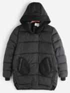 Romwe Black High Low Mesh Patch Pocket Hooded Padded Coat