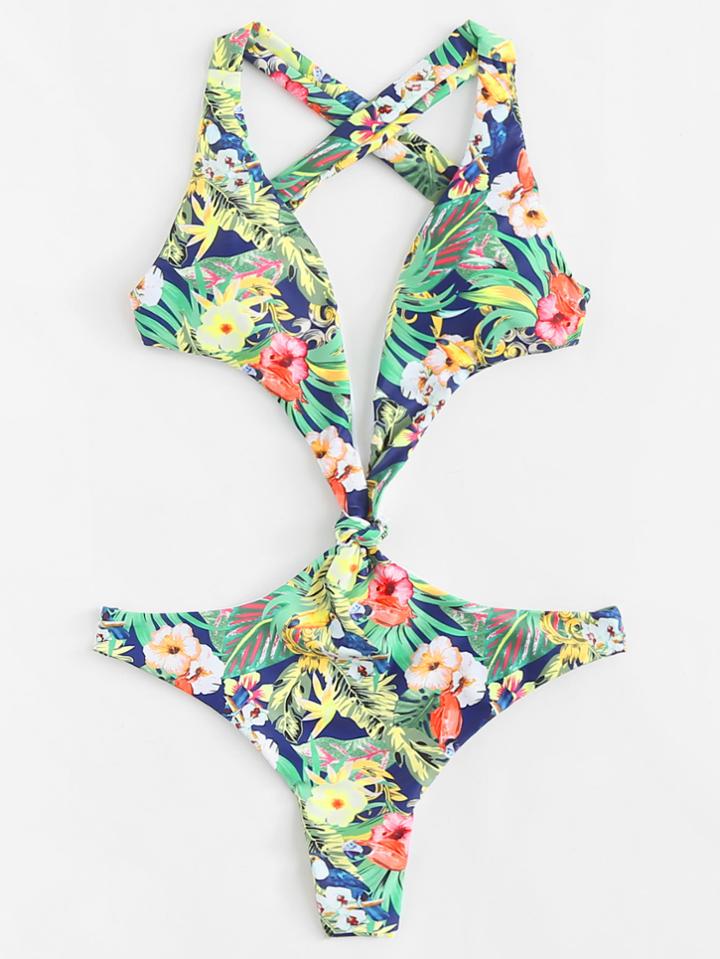 Romwe Knot Detail Crisscross Tropical Monokini