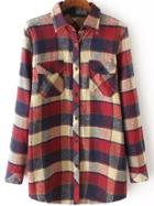 Romwe Plaid Patchwork With Pockets Burgundy Blouse