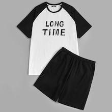 Romwe Guys Letter Print Raglan Sleeve Tee & Shorts Pj Set