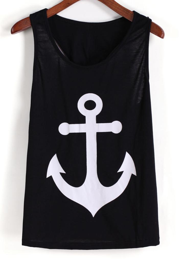 Romwe Anchors Print Bow Embellished Black Tank Top