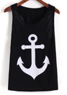 Romwe Anchors Print Bow Embellished Black Tank Top
