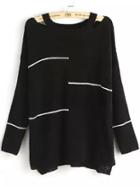 Romwe Striped Open Shoulder Knit Black Sweater
