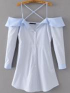 Romwe Blue Vertical Striped Cold Shoulder Criss Cross Back Shirt Dress