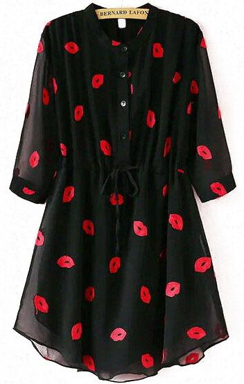 Romwe Stand Collar Drawstring Lips Embroidered Dress