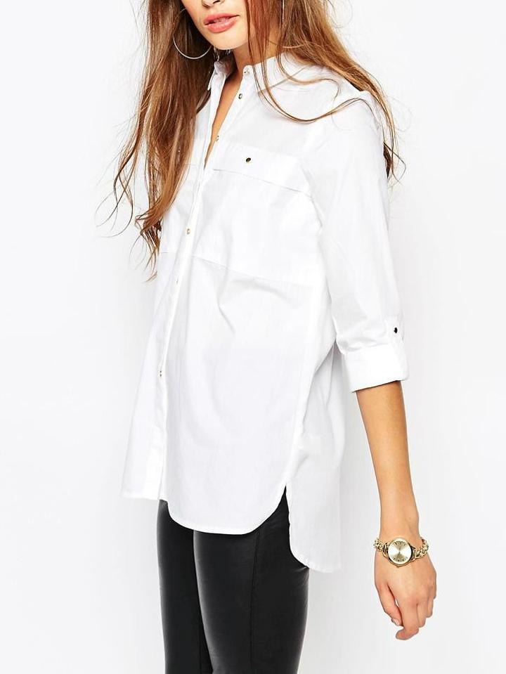 Romwe Lapel Dip Hem Pockets White Blouse