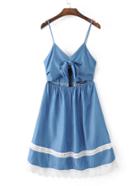 Romwe Contrast Lace Zipper Waist Denim A Line Dress