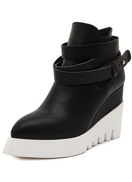Romwe Black Point Toe Buckle Strap Wedges Boots