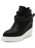 Romwe Black Point Toe Buckle Strap Wedges Boots