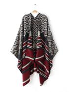 Romwe Burgundy And Black Stripe Geometric Pattern Poncho Scarf