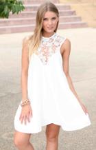 Romwe White Sleeveless Lace Loose Dress