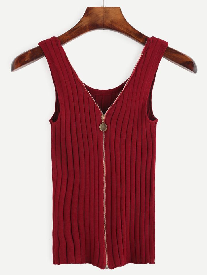 Romwe Burgundy Zip Front Ribbed Knit Tank Top