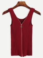 Romwe Burgundy Zip Front Ribbed Knit Tank Top