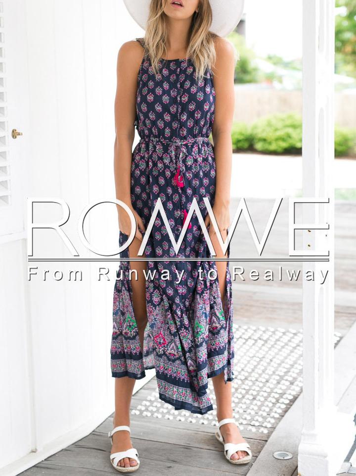 Romwe Navy Strap Backless Aztec Print Dress