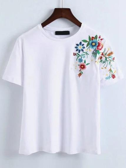 Romwe White Flower Embroidery T-shirt