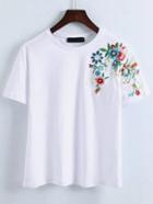 Romwe White Flower Embroidery T-shirt