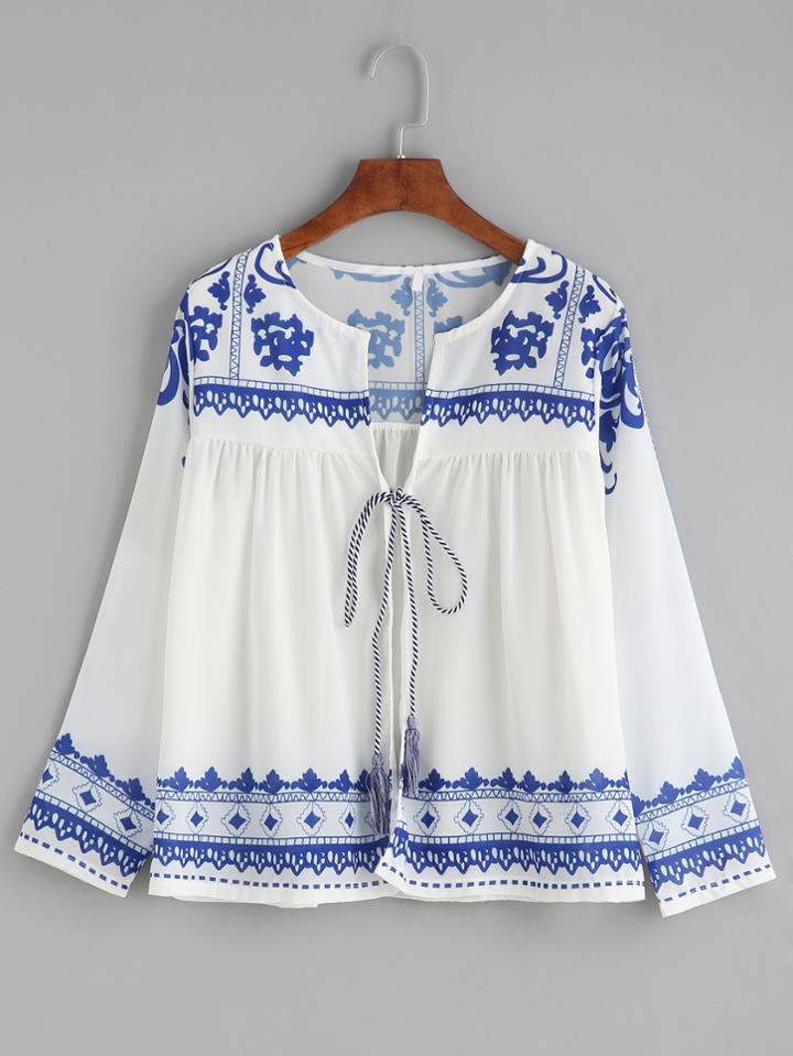 Romwe Blue Print Drawstring Pleated Chiffon Blouse