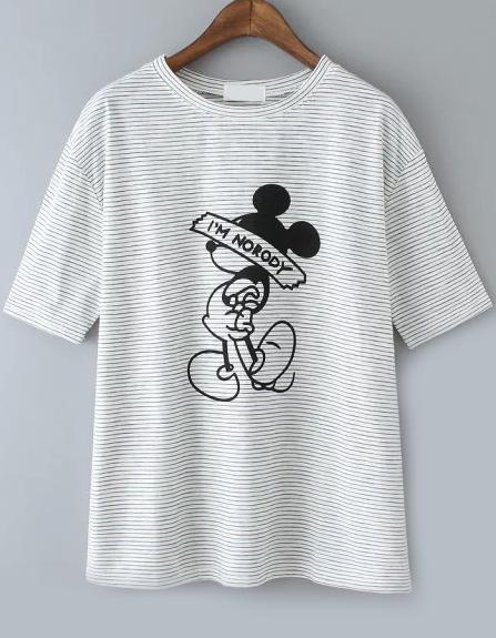 Romwe Striped Mickey Print Grey T-shirt
