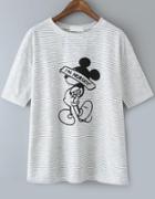 Romwe Striped Mickey Print Grey T-shirt