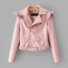 Romwe Faux Leather Ruffle Trim Belted Biker Jacket