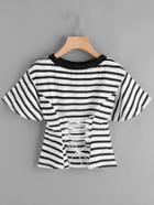 Romwe Striped Eyelet Lace Up Corset Ringer Tee