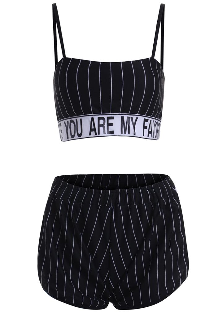 Romwe Spaghetti Strap Letter Print Top With Vertical Striped Black Shorts
