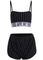 Romwe Spaghetti Strap Letter Print Top With Vertical Striped Black Shorts