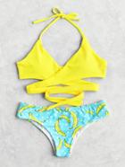 Romwe Banana And Polka Dot Print Self Tie Bikini Set