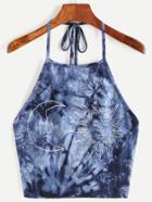 Romwe Navy Tie Dye Print Halter Neck Top