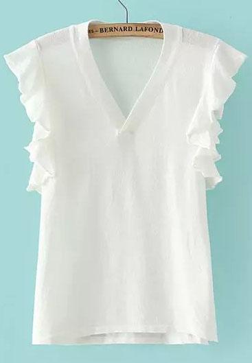 Romwe V Neck Ruffle Sleeve White Top