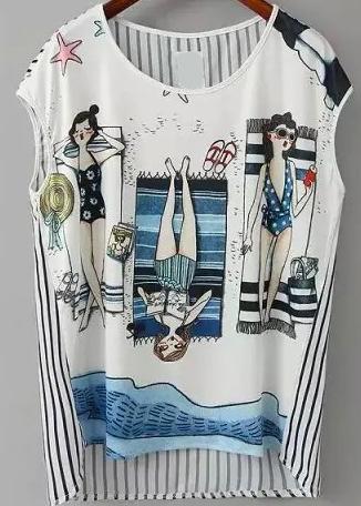Romwe Dip Hem Beauty Print Vertical Striped T-shirt