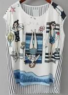 Romwe Dip Hem Beauty Print Vertical Striped T-shirt