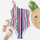 Romwe One Shoulder Belted Striped One Piece Swimsuit