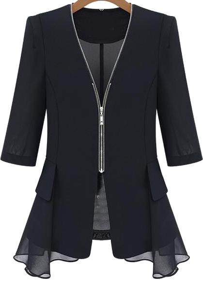 Romwe Zipper Fitted Contrast Chiffon Black Blazer