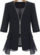 Romwe Zipper Fitted Contrast Chiffon Black Blazer