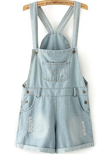 Romwe Straps With Pockets Ripped Denim Jumpsuit